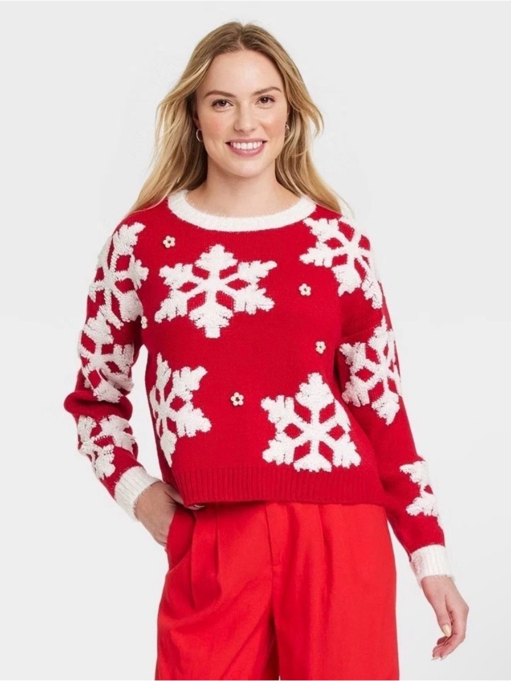 33 Degrees Women Snowflake Festive Graphic Sweater Ribbed Knit Long Sleeve Red L